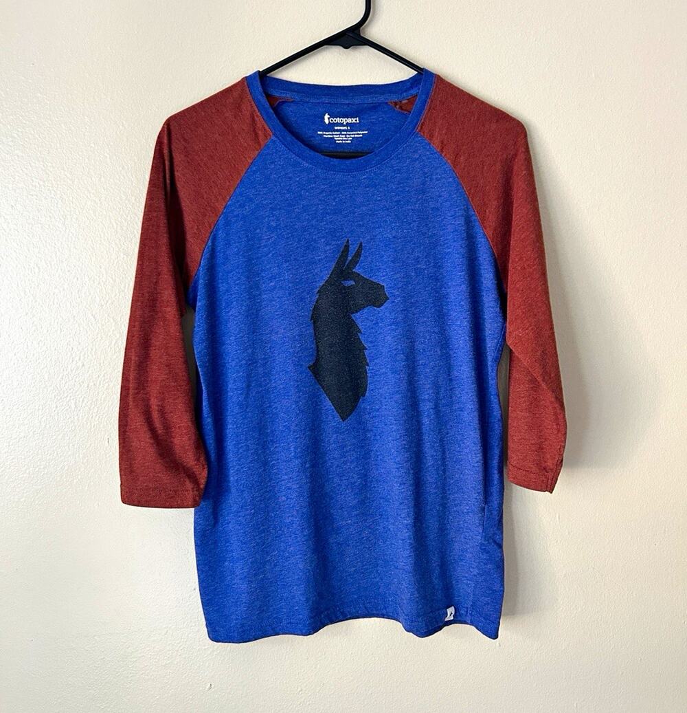 Cotopaxi Womens Small Llama Graphic Raglan 3/4 Sleeve T-Shirt Blue Rust Red